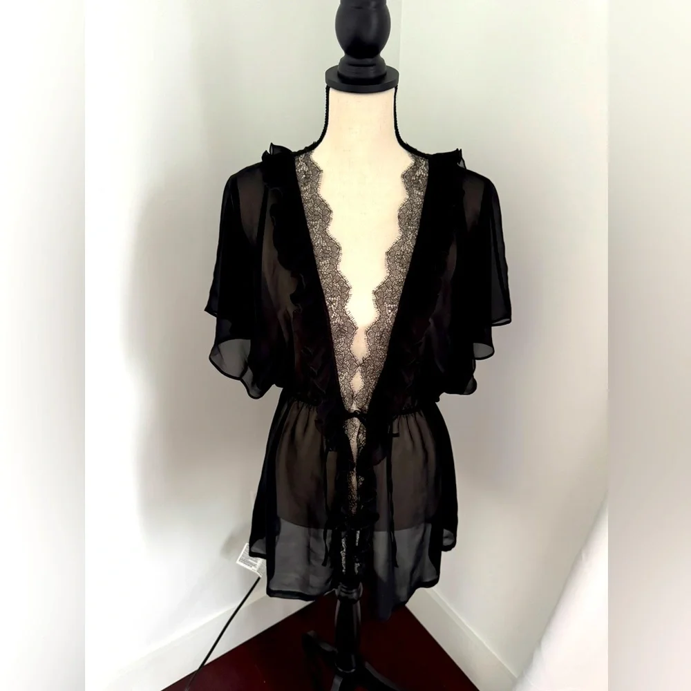 New Victoria’s Secret Black Lace Trim Sexy Cover Up Dress Lingerie Robe medium